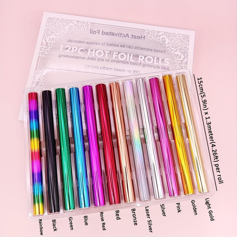 JBQUEEN 12pcs Heated-Activated Foil Roll Kit Reactive Foil Transfer Foil Film to Be Used with Hot Foil System, Paper Holographic Heat Transfer Craft Foil for Handmade Craft Card - Image 2